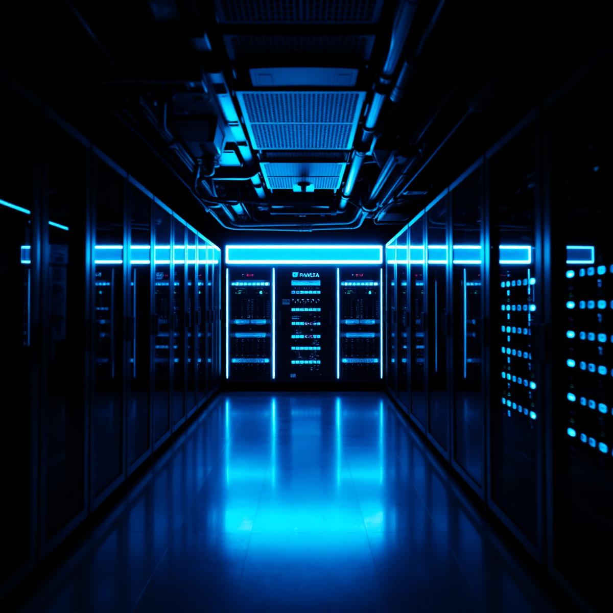 Server room illuminated by cyan lighting